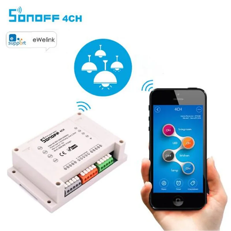 ITEAD sonoff переключатель Wi Fi 4ch 4 gang din рейку on/off AC 90 В 110 220 настенные переключатели для