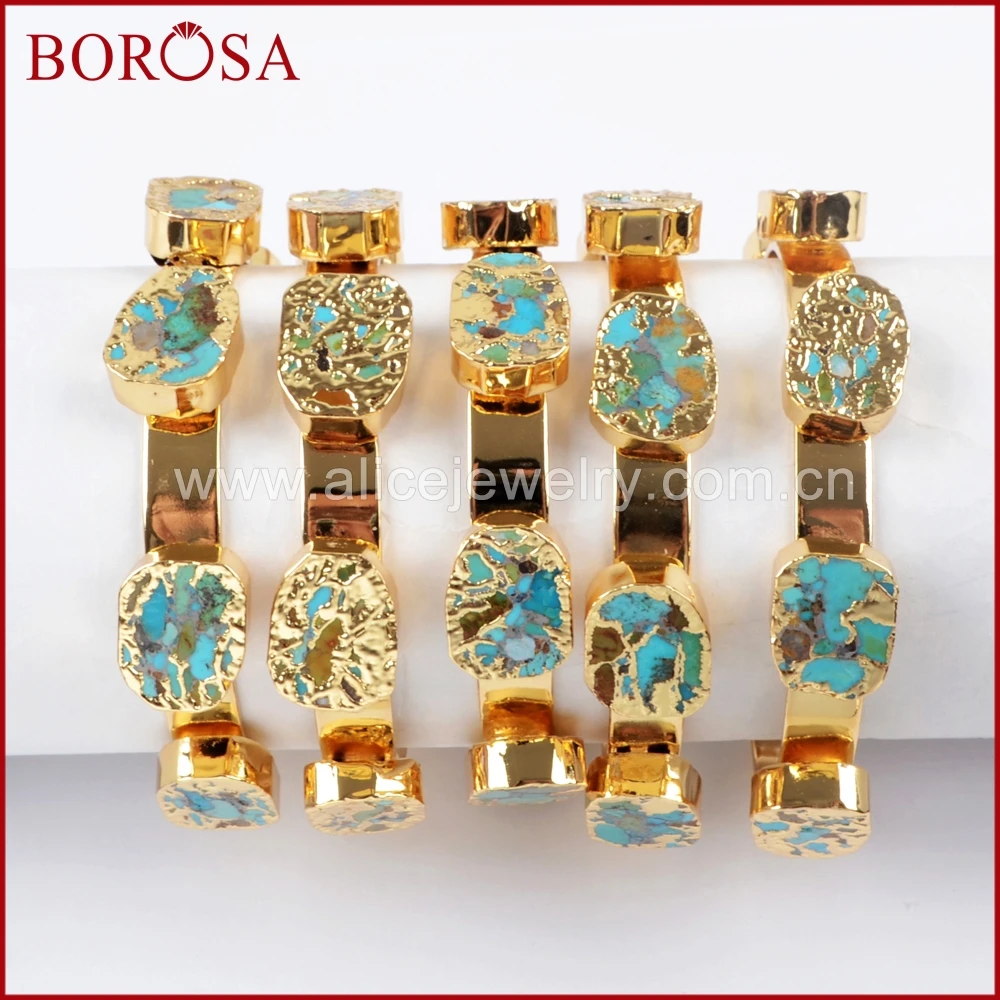

BOROSA, 3/5 шт., золотистый медный бирюзовый браслет с пятью камнями, бирюзовый браслет с медным браслетом для женщин, ювелирные изделия G1512