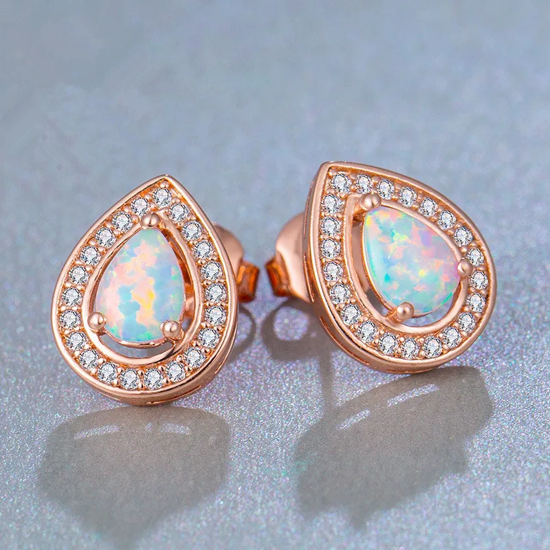 Myelo New Luxury Brand Exquisite Rose Gold Opal Earrings Cubic Zirconia TearDrop Stud For Women Girl Wedding Jewelry | Украшения и