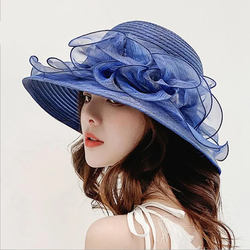 Панама женская из органзы с широкими полями элегантная пляжная шляпа от солнца