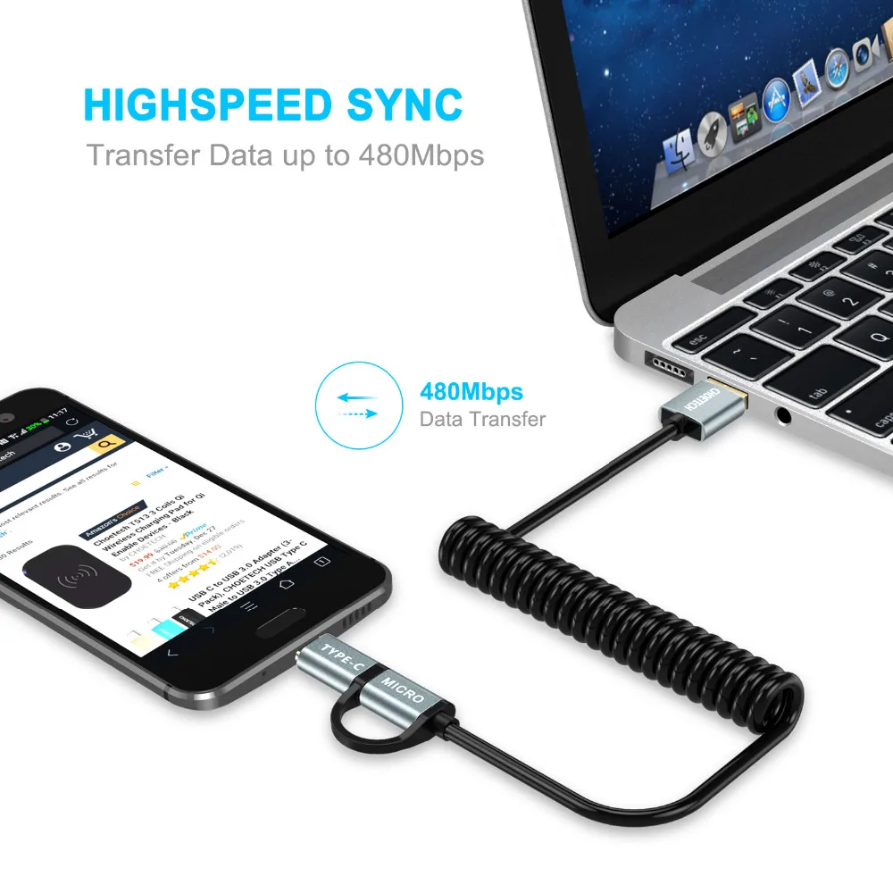 CHOETECH кабели для быстрой зарядки 2 в 1 кабель Micro USB + Type C Samsung Xiaomi Nokia N1 мобильный
