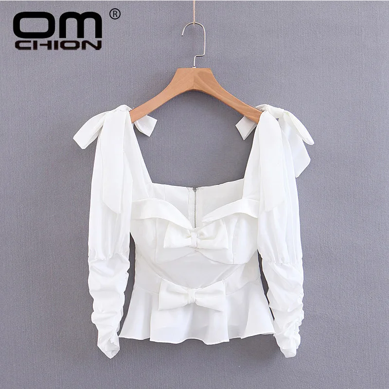 Блузка OMCHION женская летняя белая с квадратным вырезом и рукавами
