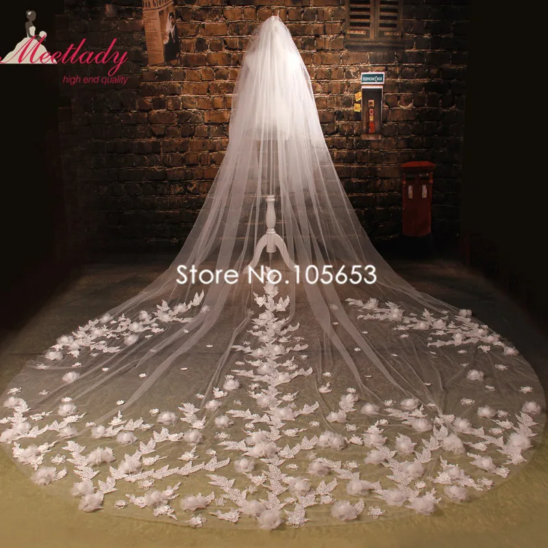 Длинная свадебная Фата с расческой двухслойная цветами и кристаллами свадебные