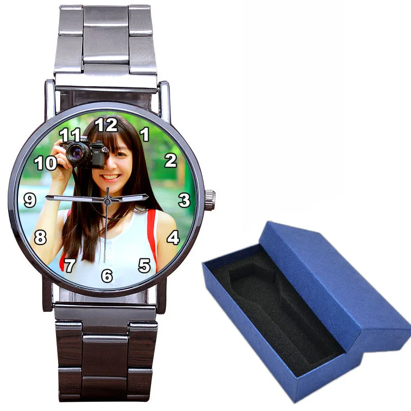 silver with box Пользовательские фото часы индивидуальные текстовый логотип Рисунок часов унисекс для мужчин или женщин печать изображений наручные часы с принтом уникальный подарок - Цвет: silver with box