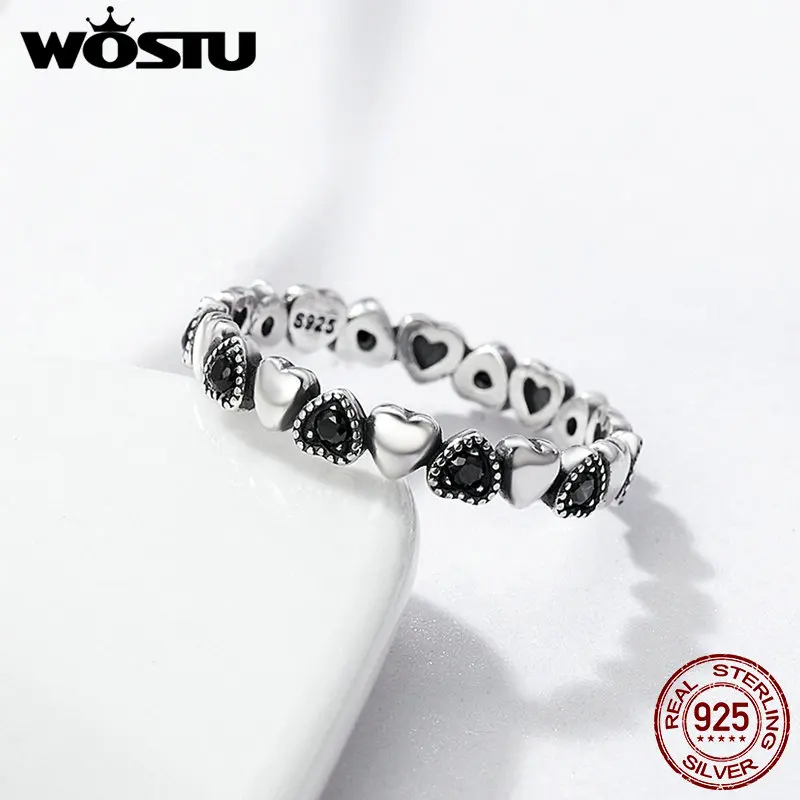

WOSTU Hot Sale 925 Sterling Silver Forever Love Heart, Black CZ Stackable Rings For Women Fine Brand Jewelry Gift CQR140