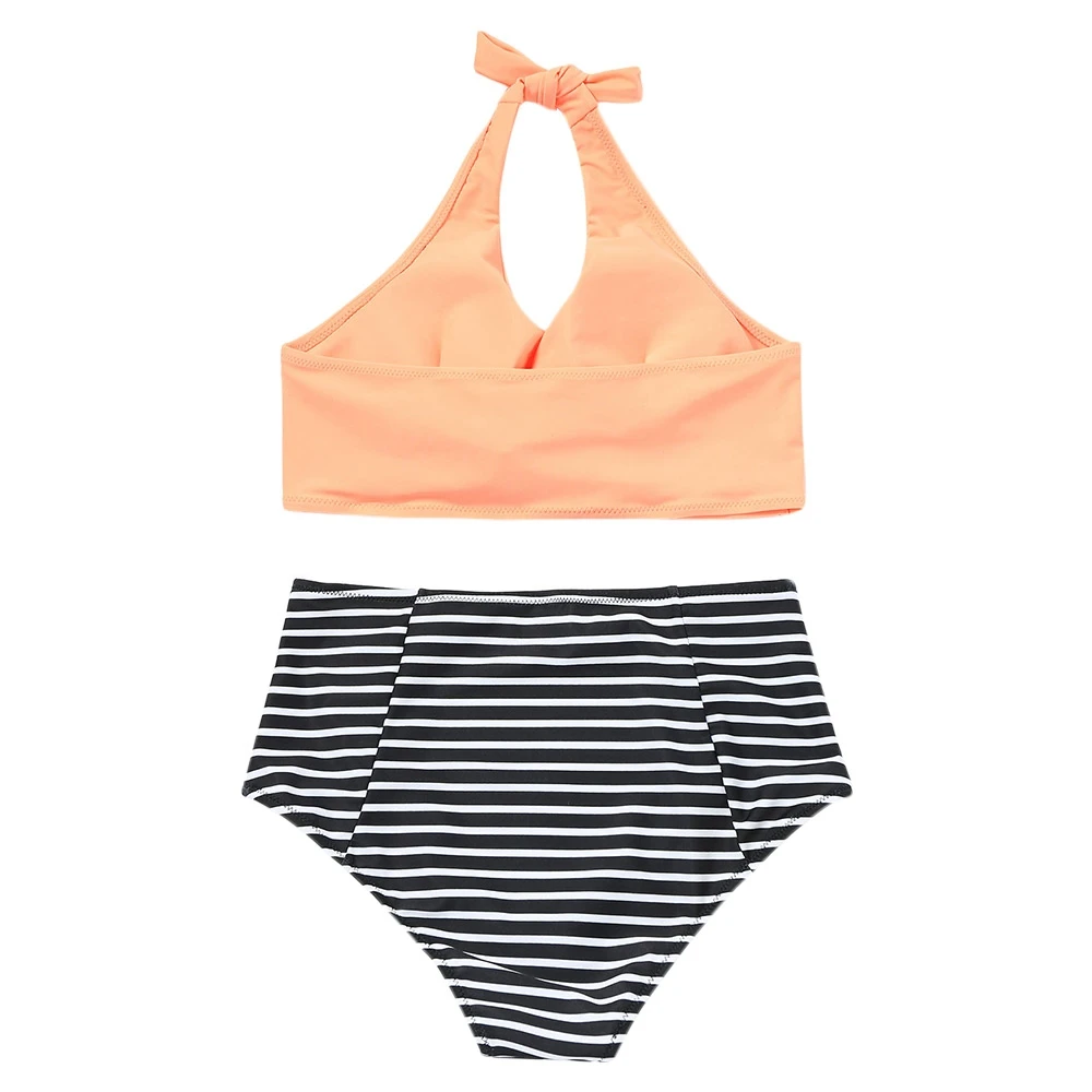 Высокая талия Полосатый твист комплект бикини косточек Купальники Мягкий