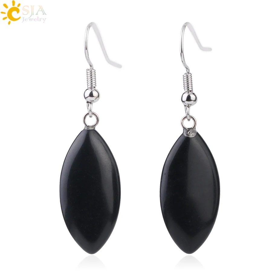 Black Onyx CSJA, висячие серьги из натурального камня, в форме Глаза Лошади, розовые, фиолетовые, Кристальные, кварцевые серьги-капли, простые Драгоценности для ушей для женщин F978 - Окраска металла: Black Onyx