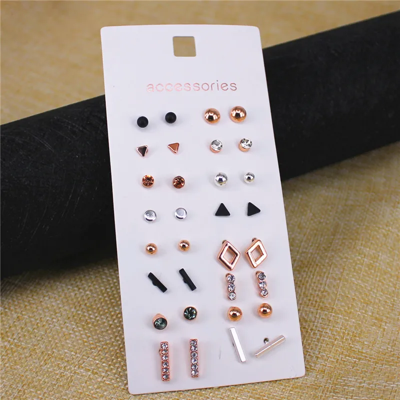 XQ Korean style stud earrings set 16 pairs / card black plated rose gold color triangle geometry combination woman accessories | Украшения