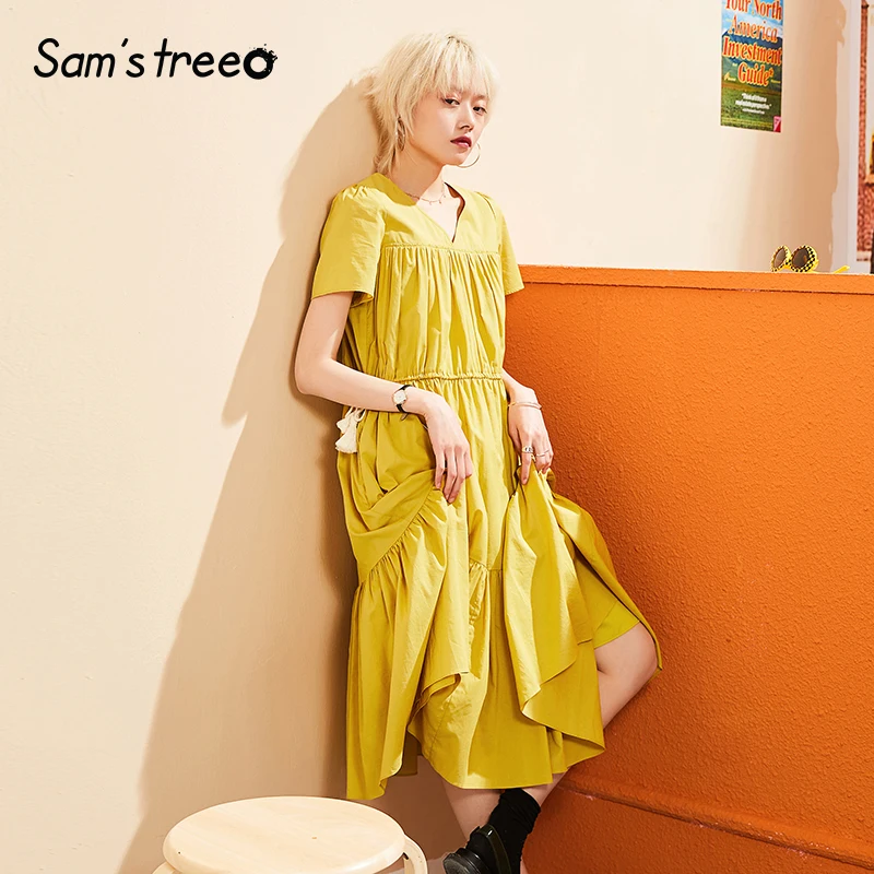 Samstree, Летнее льняное платье для женщин, плюс размер, винтажные платья трапециевидной формы, карманов, с v-образным вырезом, жёлтое ретро платье