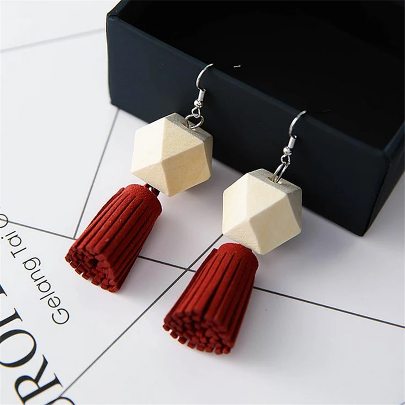 Doreen Box Wood Fashion Women Drop Earrings New Design Geometric Multi-faceted Velvet Tassels Hook Jewelry 1 Pair | Украшения и