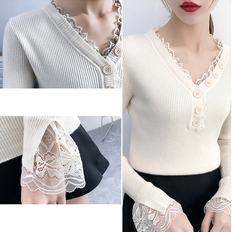 Winter V-neck Knitted Sweater Women 2019 Basic And Pullovers Jumper Lace Long Sleeve Button Decoration | Женская одежда