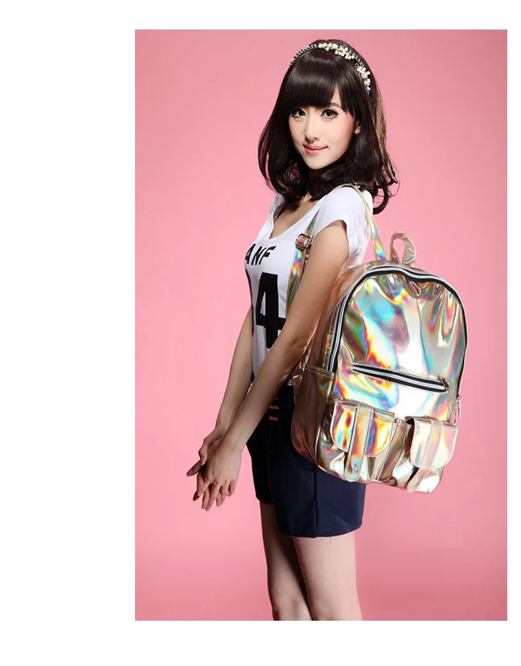 RHYME Mochila Masculina Diamond Backpack Women Silver Hologram Laser Bag Men's PU Holographic Multicolor | Багаж и сумки