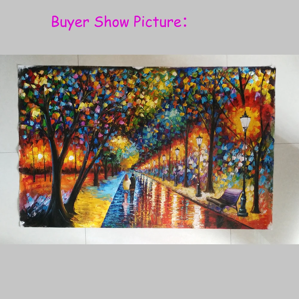 

Hand Painted Modern Palette Knife Park Street Lamp Landscape Oil Painting On Canvas Couples Wall Pictures Living Room Home Decor
