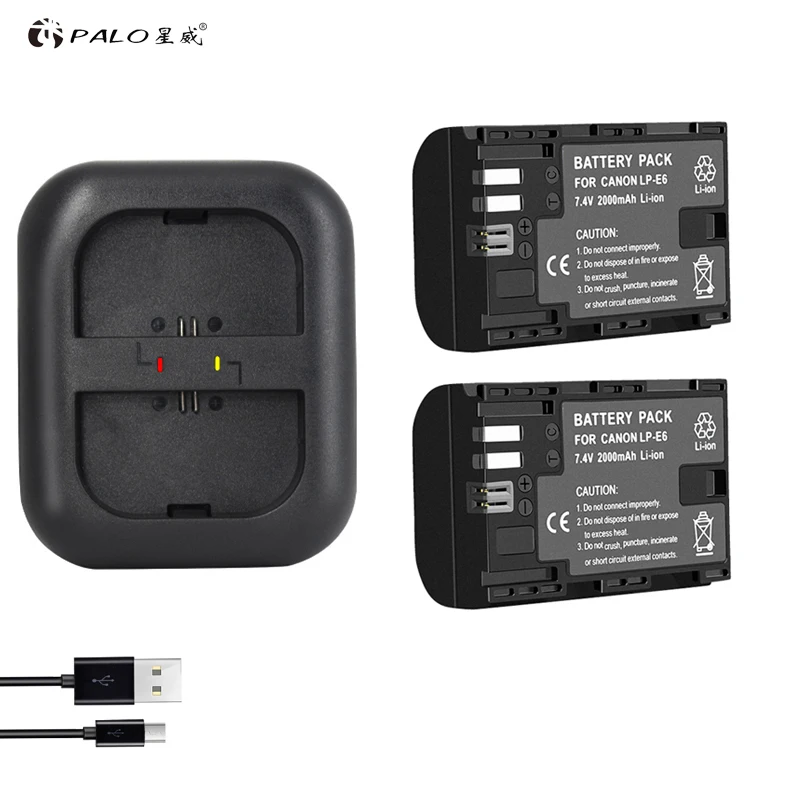 2 шт. LP-E6 LP E6 LPE6 2000 мАч Palo камера батарея + USB двойное зарядное устройство для Canon EOS 5DS