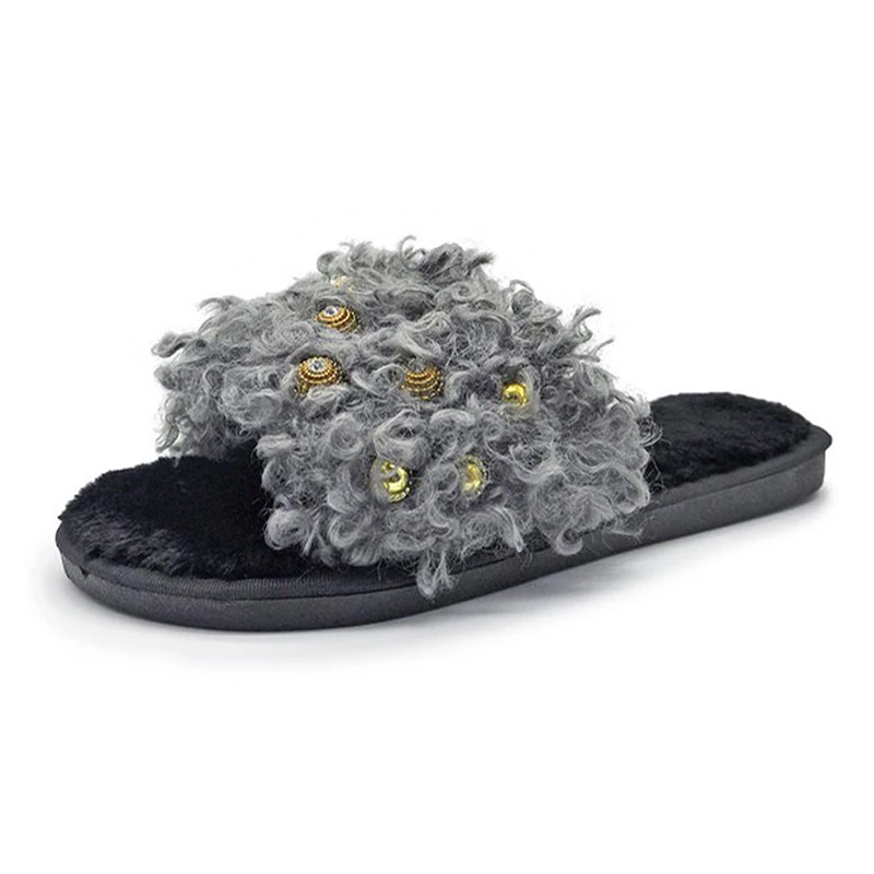Женские меховые шлепанцы зимние сандалии с жемчугом Украшенные бусинами на