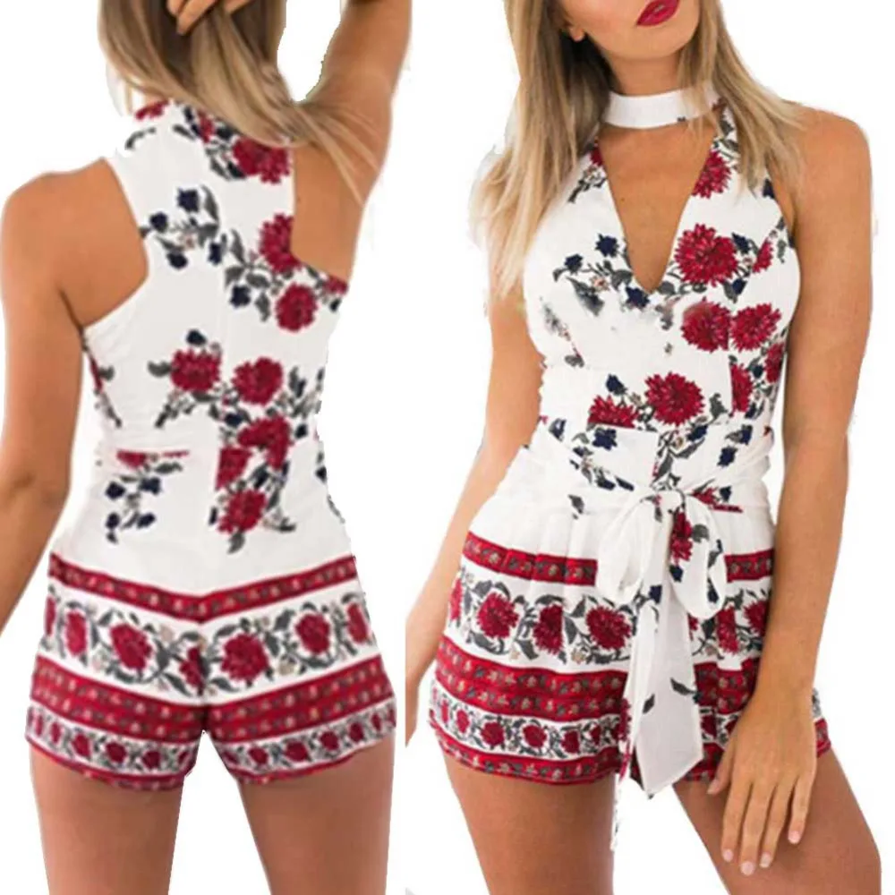 Febelle для женщин Мини Сексуальная от Shouder печати Playsuit Дамы Комбинезон летний