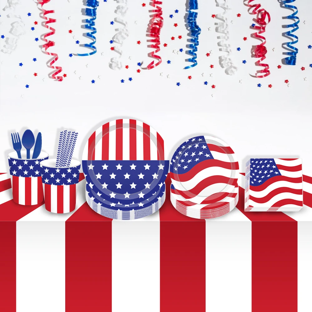 24pcs July 4th American National Day Party Decorations Disposable Plates Tableware United State Flag Supplies | Дом и сад