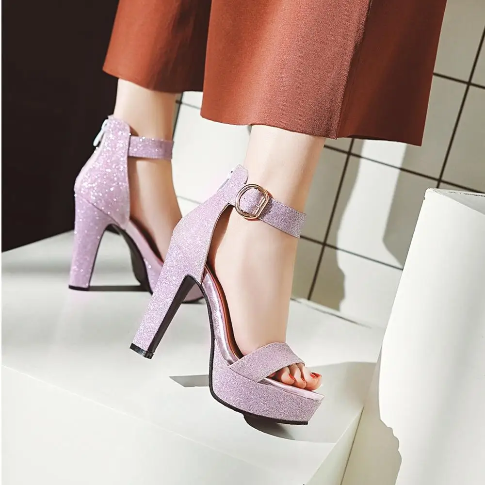 Purple Повседневные женские босоножки на платформе; блестящие летние женские босоножки из искусственной кожи на высоком массивном каблуке-шпильке 12 м с ремешком на щиколотке и молнией; Цвет Серебристый - Цвет: Purple