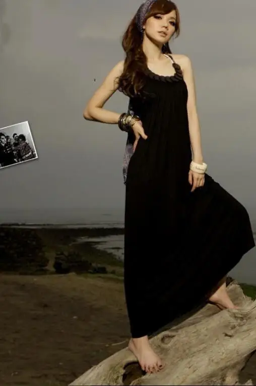 JOYINPARTY 2017 Women fashion casual long bohemian dresses Sexy cotton wood beading halter maxi beach dress White Green Black | Женская