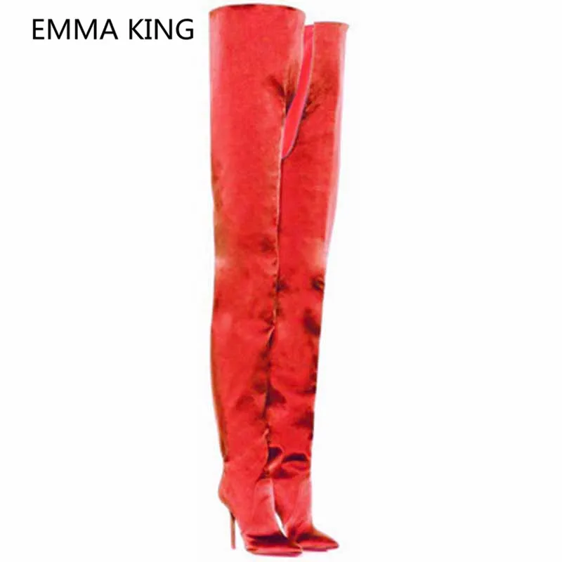 Luxury Silk Satin Women Over The Knee Crotch Boots Pointed Toe Sexy 12cm Stiletto High Heels Ladies Winter Shoes Cowboy Boots - Цвет: as shown in picture