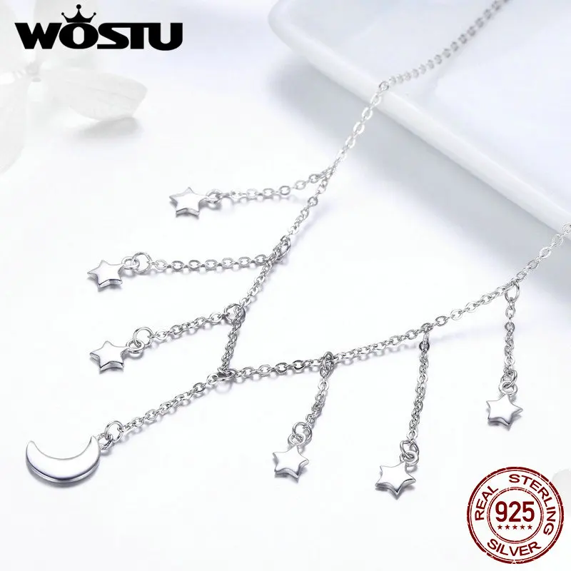 WOSTU, высокое качество, 925 пробы, серебро, звезды и цепочки луна, ожерелье для женщин, S925, бренд, ювелирное изделие, подарок на год, FIN301