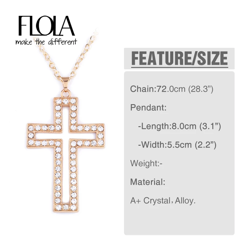 Подвеска FLOLA в стиле хип-хоп с большим крестом на длинной цепочке стразы для