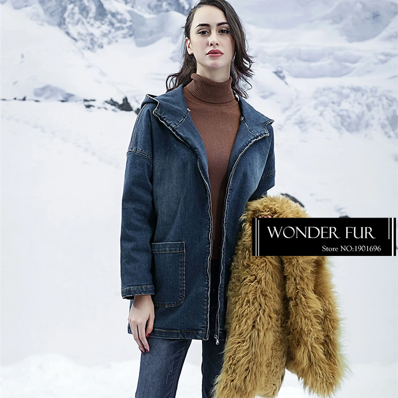 Забавный стиль меховые джинсы из овечьей шерсти для девочек куртка теплая с