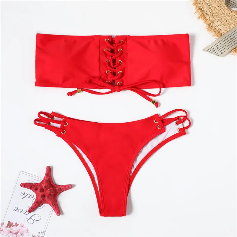 Бикини на шнуровке красный бикини 2019 mujer bathers сексуальный купальник с высокой