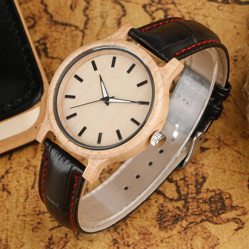 Классические дизайнерские мужские кварцевые деревянные часы с черным ремешком