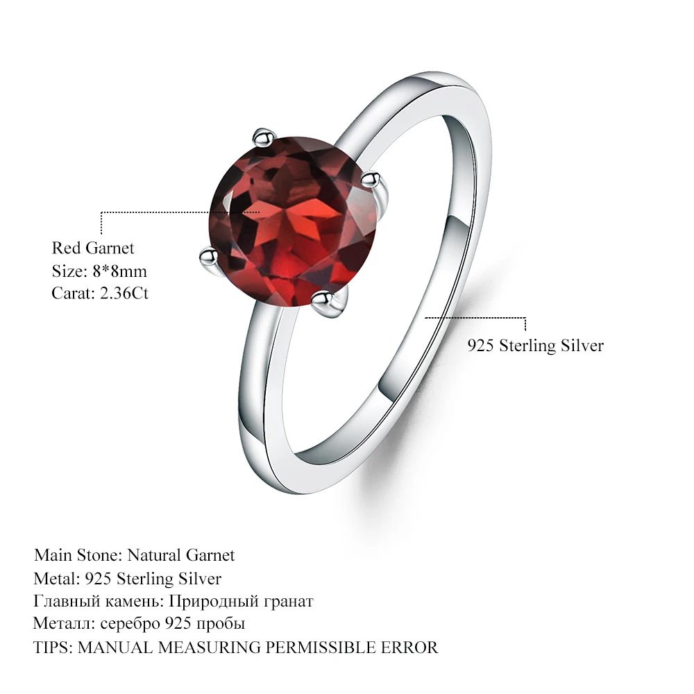 GEM'S BALLET 925 Sterling Silver Four-Prong Petite Comfort Fit Ring 2.36Ct Round Natural Red Garnet Engagement Rings For Women |