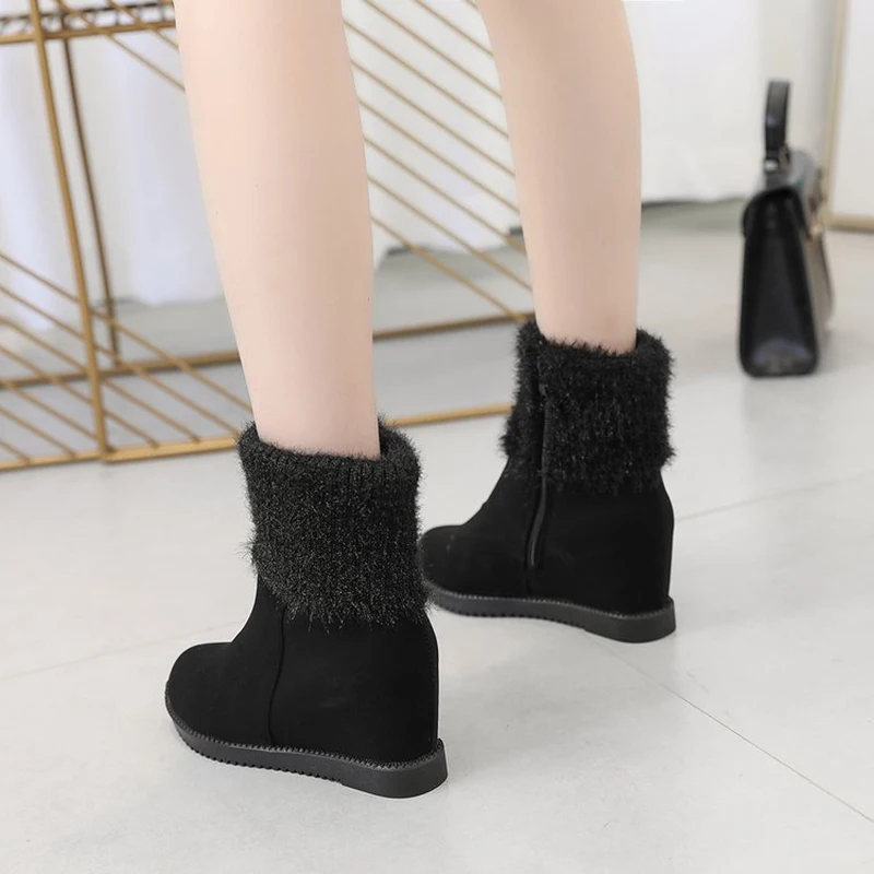 Женские зимние ботинки модная замшевая обувь без шнуровки теплая с круглым
