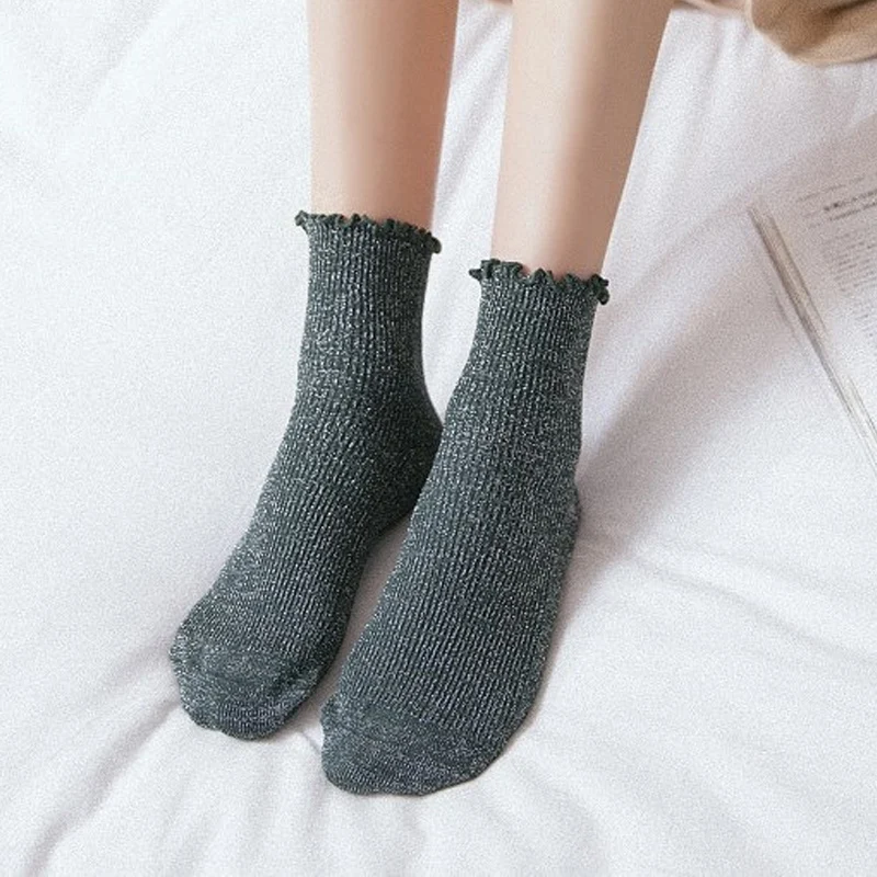 British Vintage Glitter Women's Socks Cotton Women Daily Basic Shining Rib Surface Sweet Socks Girls Summer Ankle Socks Women