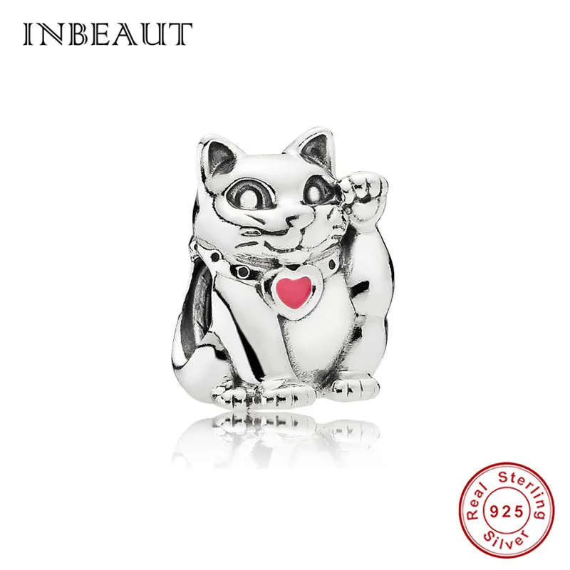 INBEAUT 925 пробы Серебряный Красный Китайский Персонаж Бог Лев Бусы для танца fit Pandora браслет роза Сердце Бабочка Подвески - Цвет: bad203