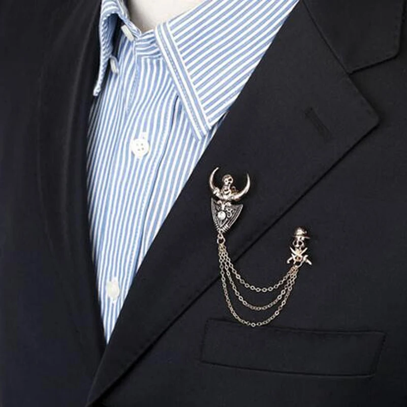 

Hot Unisex Punk Chains Tassels Skeleton Skull Rhinestone Pirate Pins Clip Brooch For Women Men Jewelry