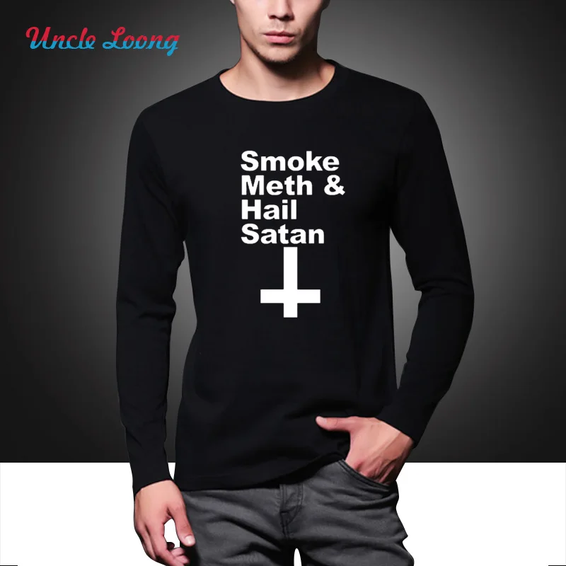 Style Fashion SMOKE METH HAIL SATAN T Shirt Men Casual long Sleeve Keep Calm and Worship Satan Funny O-neck Autumn T-shirt | Мужская