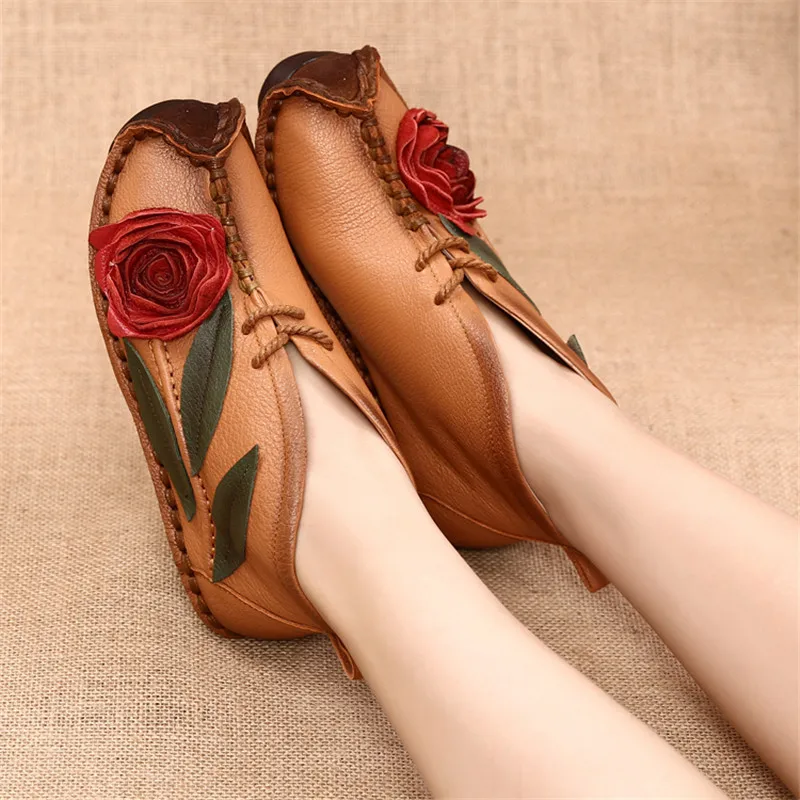 

BEYARNE women 2018 autumn fashion genuine leather handmade low heel vintage flower shoes short boots motorcycle botas