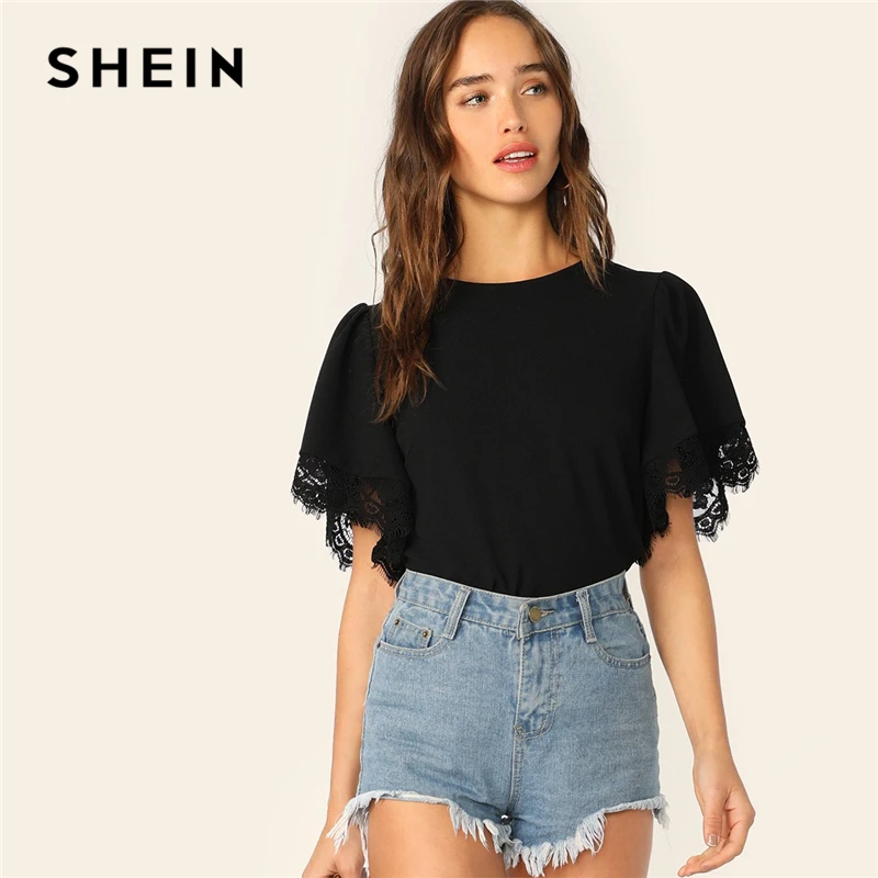 SHEIN Однотонный Топ С Оригинальным Рукавом И Кружевной Отделкой Женская Летняя Элегантная Блузка С Короткими Рукавами