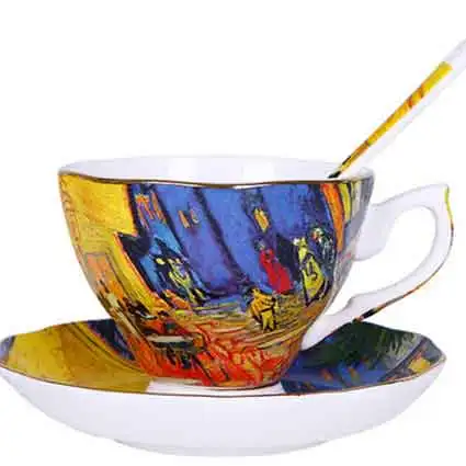 Night cofe Ван Гог художественная роспись кофейная чашка набор высшего класса керамическая чайная чашка и блюдце набор кафе вечерние креативные стаканы винтажный домашний декор - Цвет: Night cofe