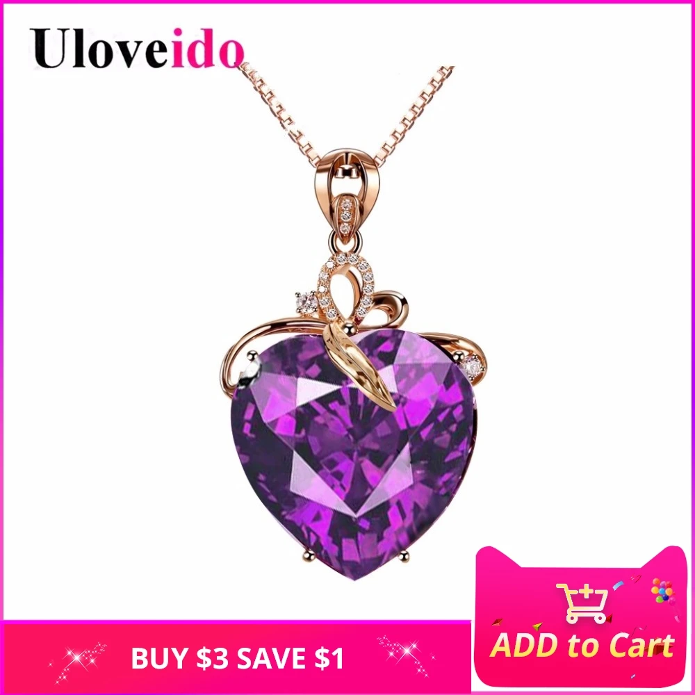 

Uloveido 2018 Jewelry Women's Valentine's Day Gift Purple Pendant Heart Love Necklace with Cubic Zirconia for Girls DN372