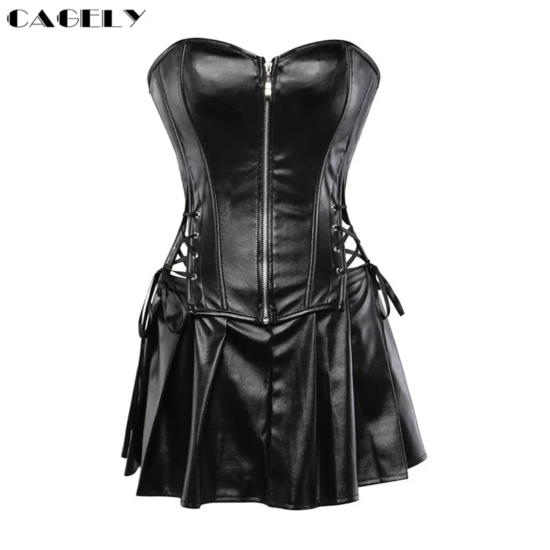 Черное платье корсет из искусственной кожи облегающее Корсетная мини юбка