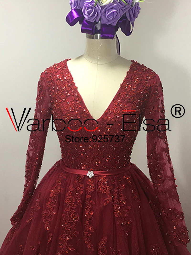 VARBOO_ELSA vestido de noiva Бисер V образным вырезом торжественные платья с красным кружевом с длинным шлейфом мяч халат с рукавами до локтя, свадебные платья в Китае