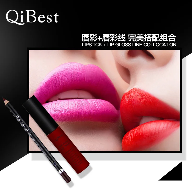 Qibest 14 цветов moisure fadeless матовый блеск для губ и карандаш водонепроницаемый жидкая