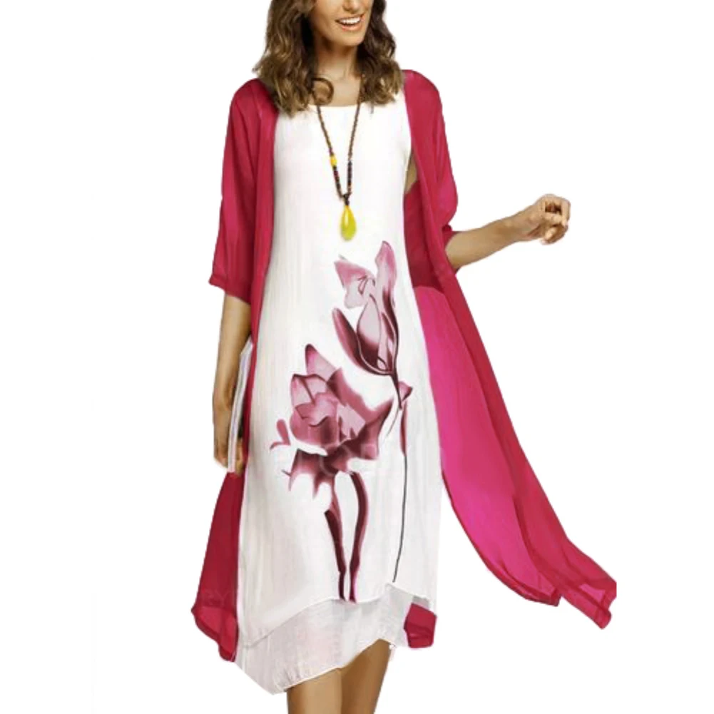 Женское платье без рукавов винтажное кафтан с цветочным принтом и кардиганом 2