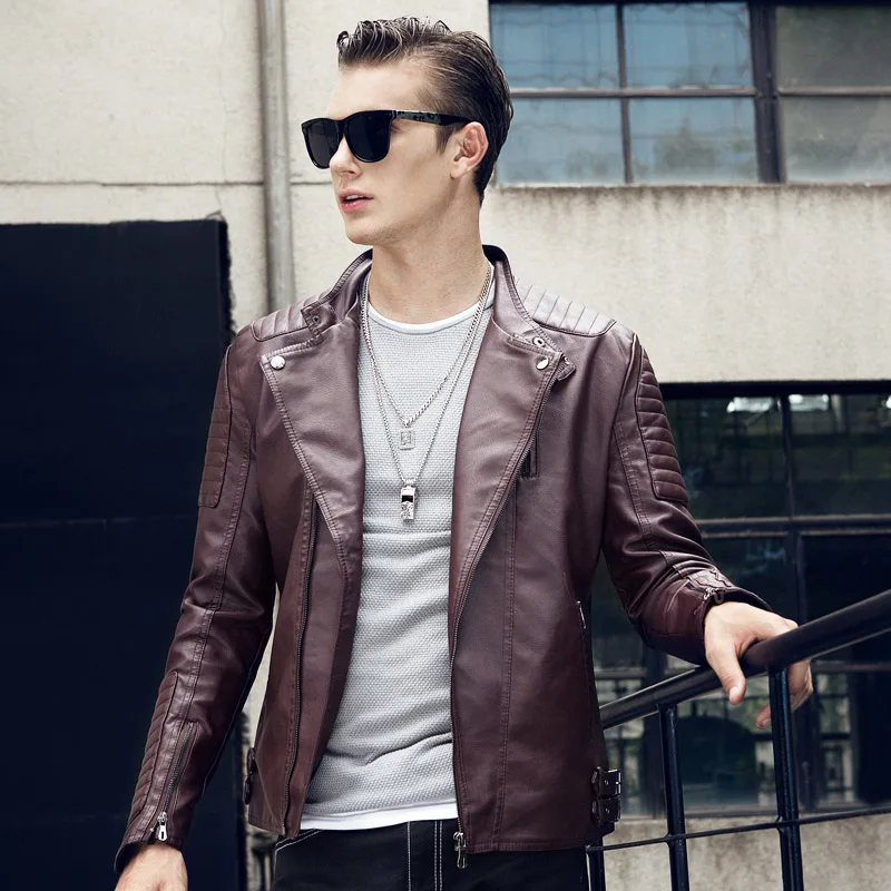 Vogue кожаная куртка Для мужчин отложной воротник jaqueta de couro masculina PU S тонкий Кожаные