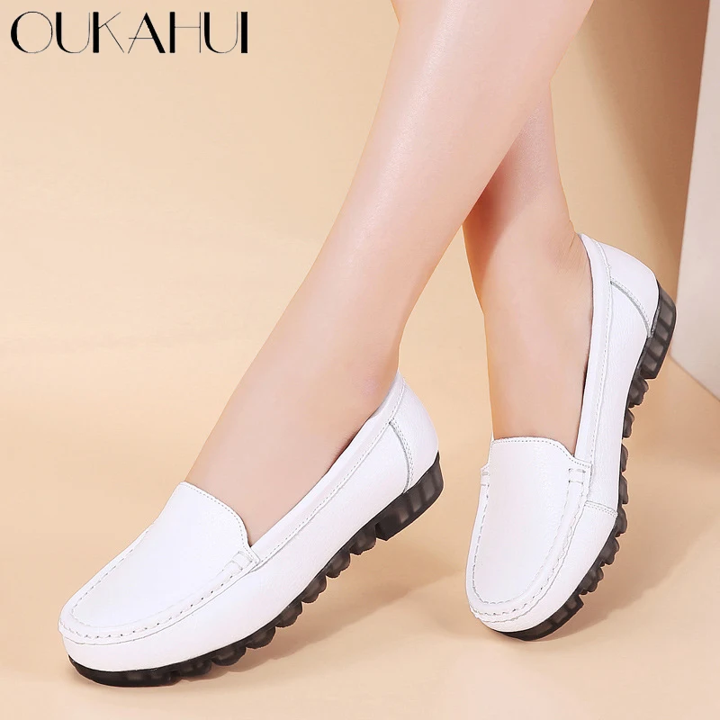 OUKAHUI White Soft Bottom Genuine Leather Flat Shoes Woman Casual Round Toe Solid Slip On Feminino Flats Comfort Ladies | Обувь