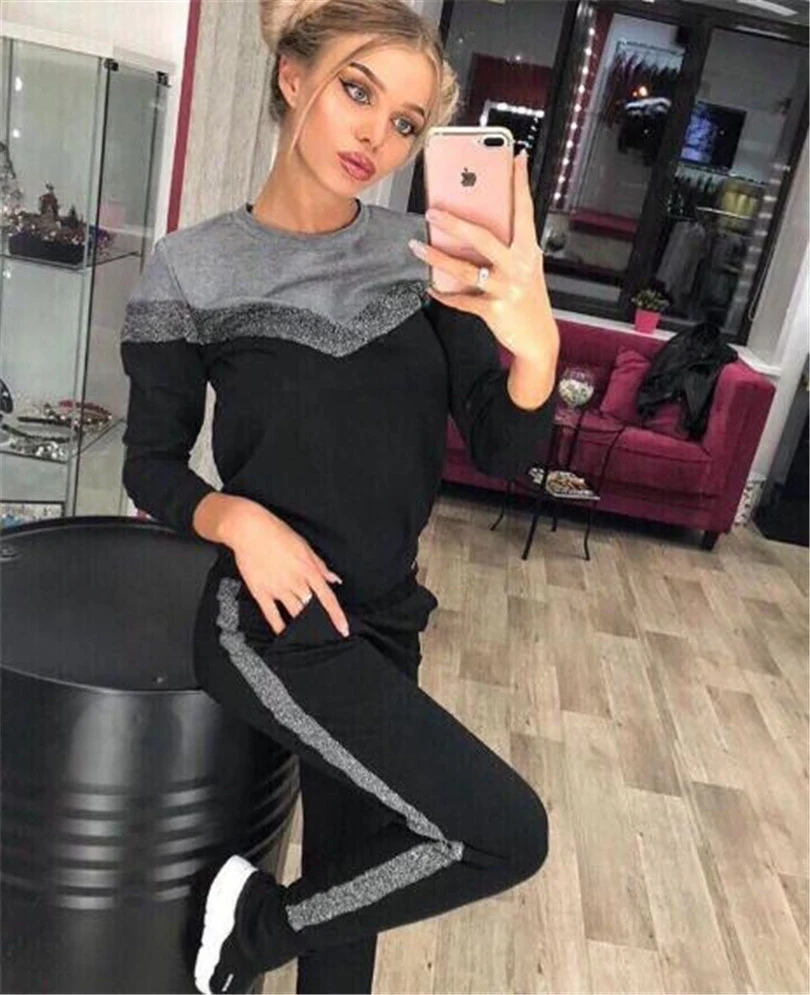 Женский хлопковый спортивный костюм повседневный двойка с круглым вырезом и