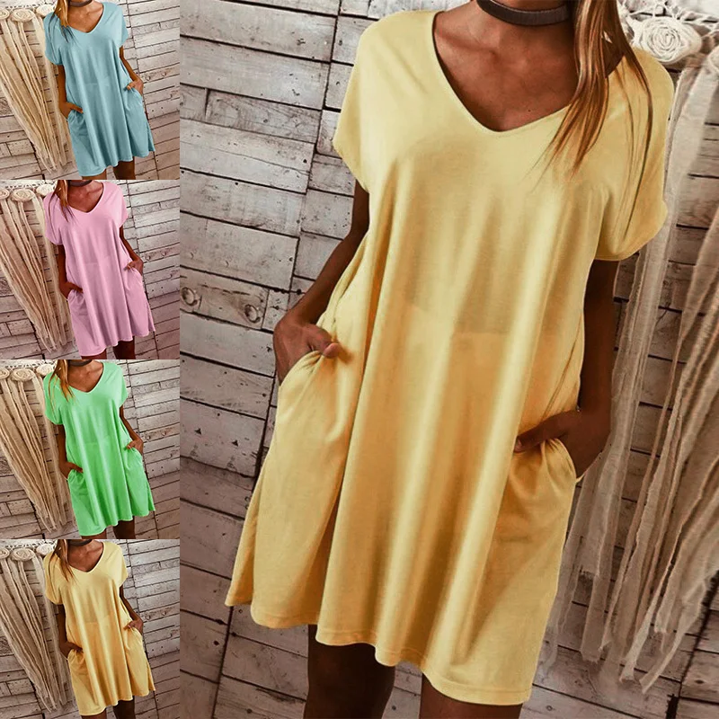 2019 женское летнее платье с коротким рукавом v-образным вырезом футболка карманом