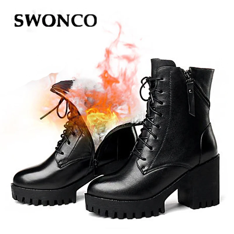 Ботинки SWONCO из натуральной кожи женская зимняя обувь теплая 2019 шерсти с мехом