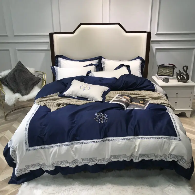 Home Bedding Sets Blue egyptian cotton Soft duvet Cover embroidery Bed Set pillowcase King size Queen 4pcs |