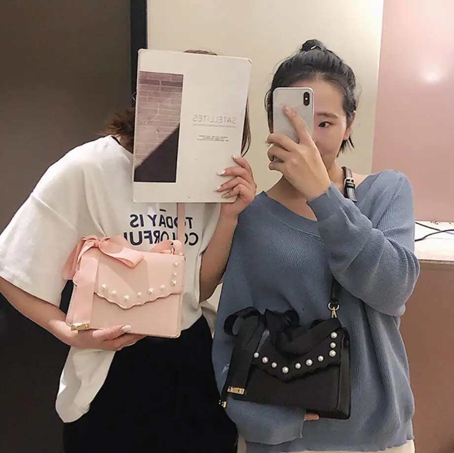 2019 Spring New Sweet Square bag High Quality PU Leather Women's Designer Handbag Ribbon Tote Bow Shoulder Messenger bags | Багаж и